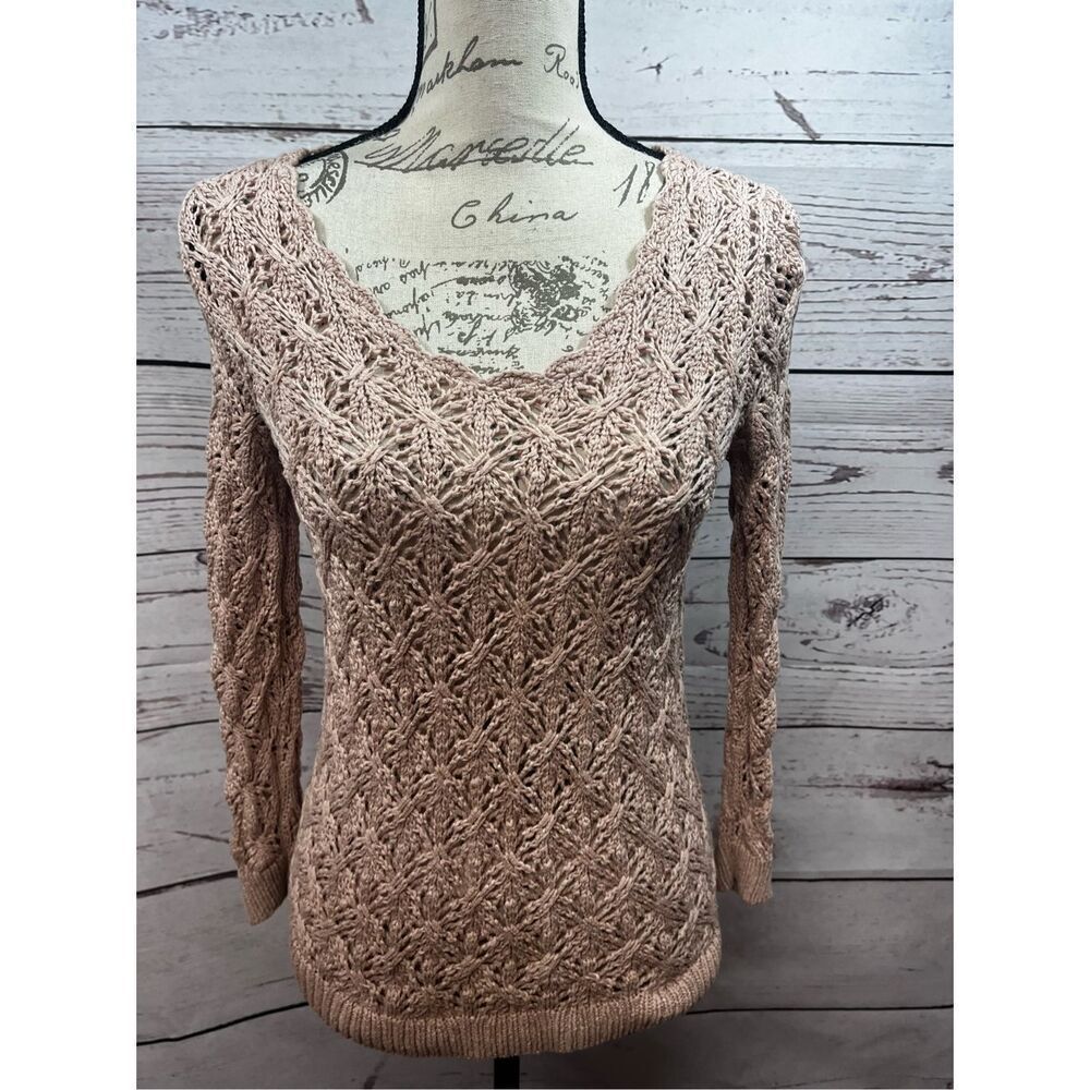 LOFT Ann‎ Taylor Petites Sweater Crochet Knit V Neck Long Sleeve Beige SP
